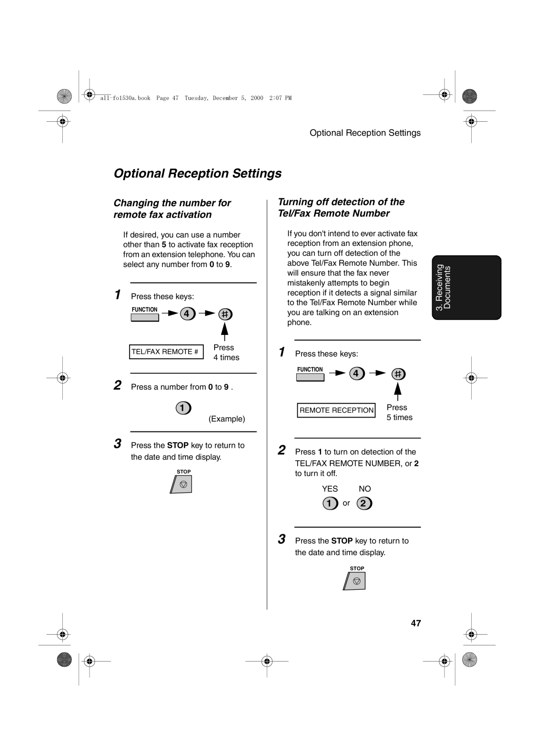 Sharp FO-1530 operation manual Optional Reception Settings, Changing the number for remote fax activation 