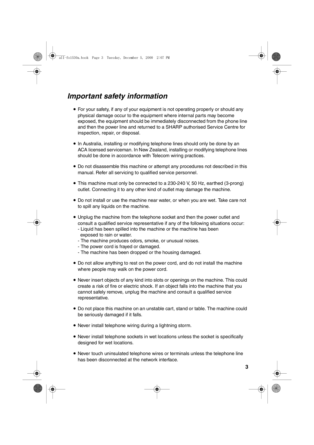 Sharp FO-1530 operation manual Important safety information 