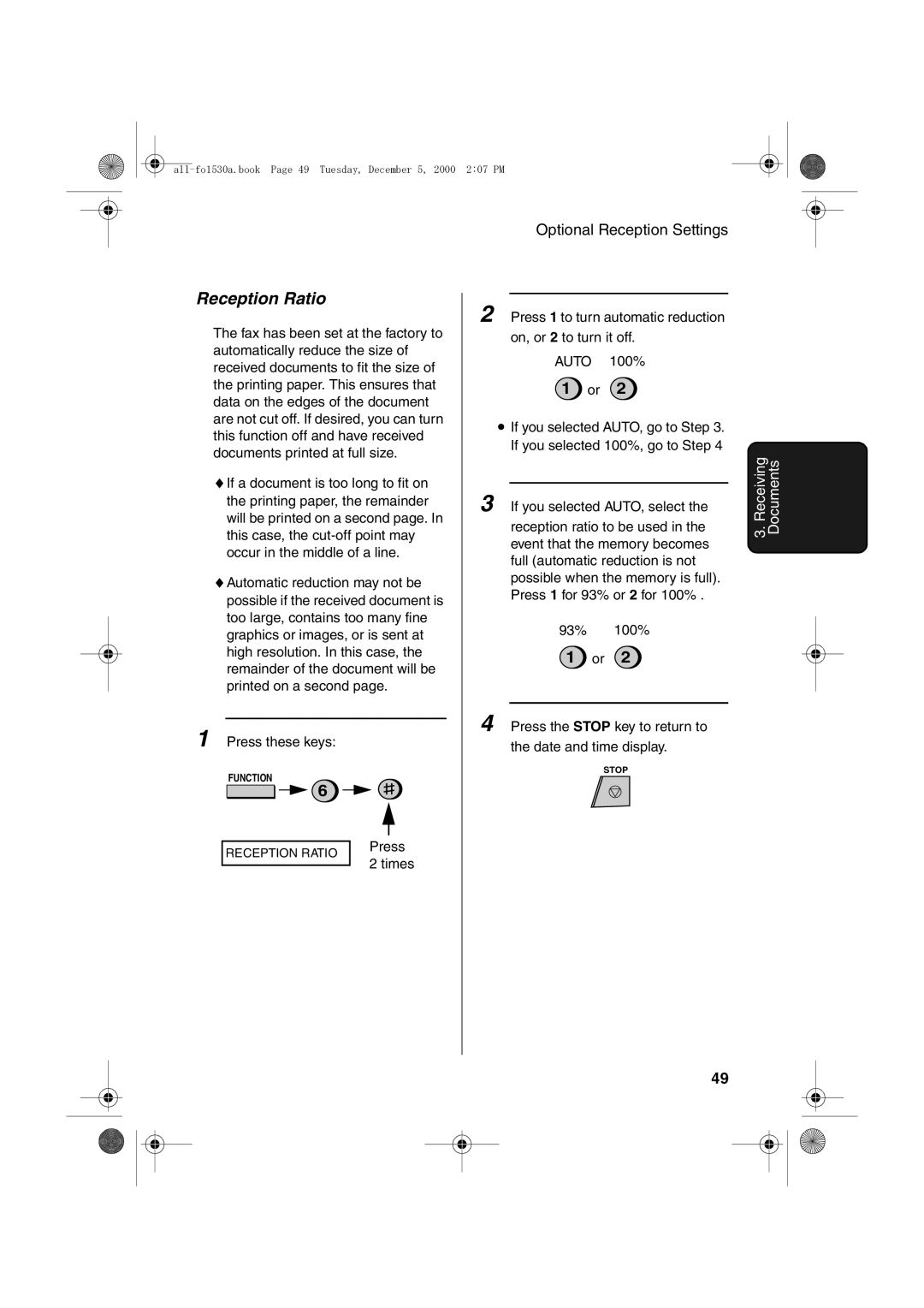 Sharp FO-1530 operation manual Reception Ratio 