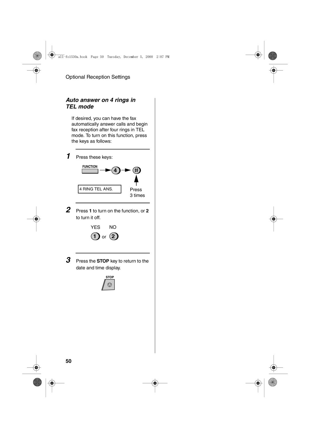 Sharp FO-1530 operation manual Auto answer on 4 rings in TEL mode 