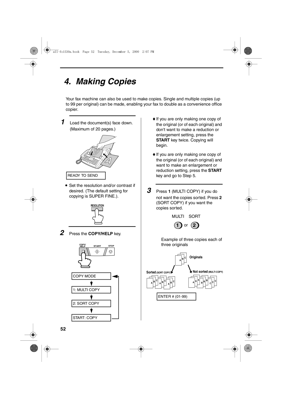 Sharp FO-1530 operation manual Making Copies, Multi Sort 