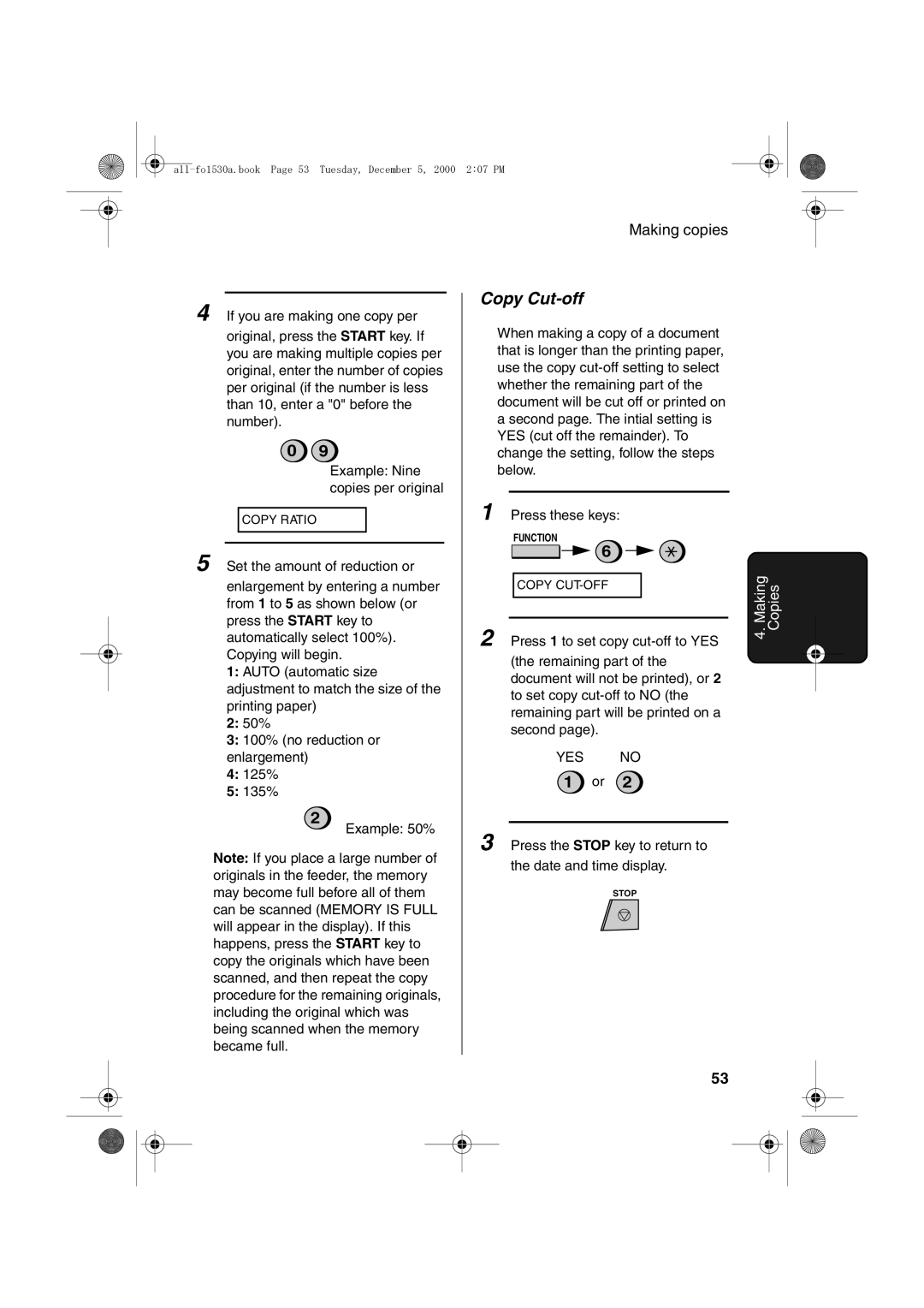 Sharp FO-1530 operation manual Copy Cut-off 