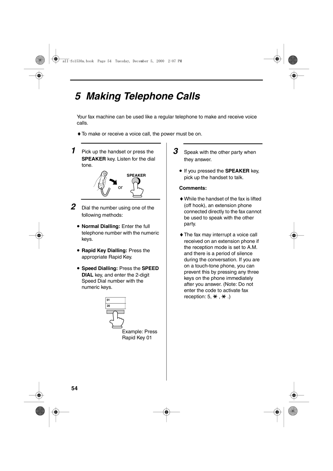 Sharp FO-1530 operation manual Making Telephone Calls, Comments 