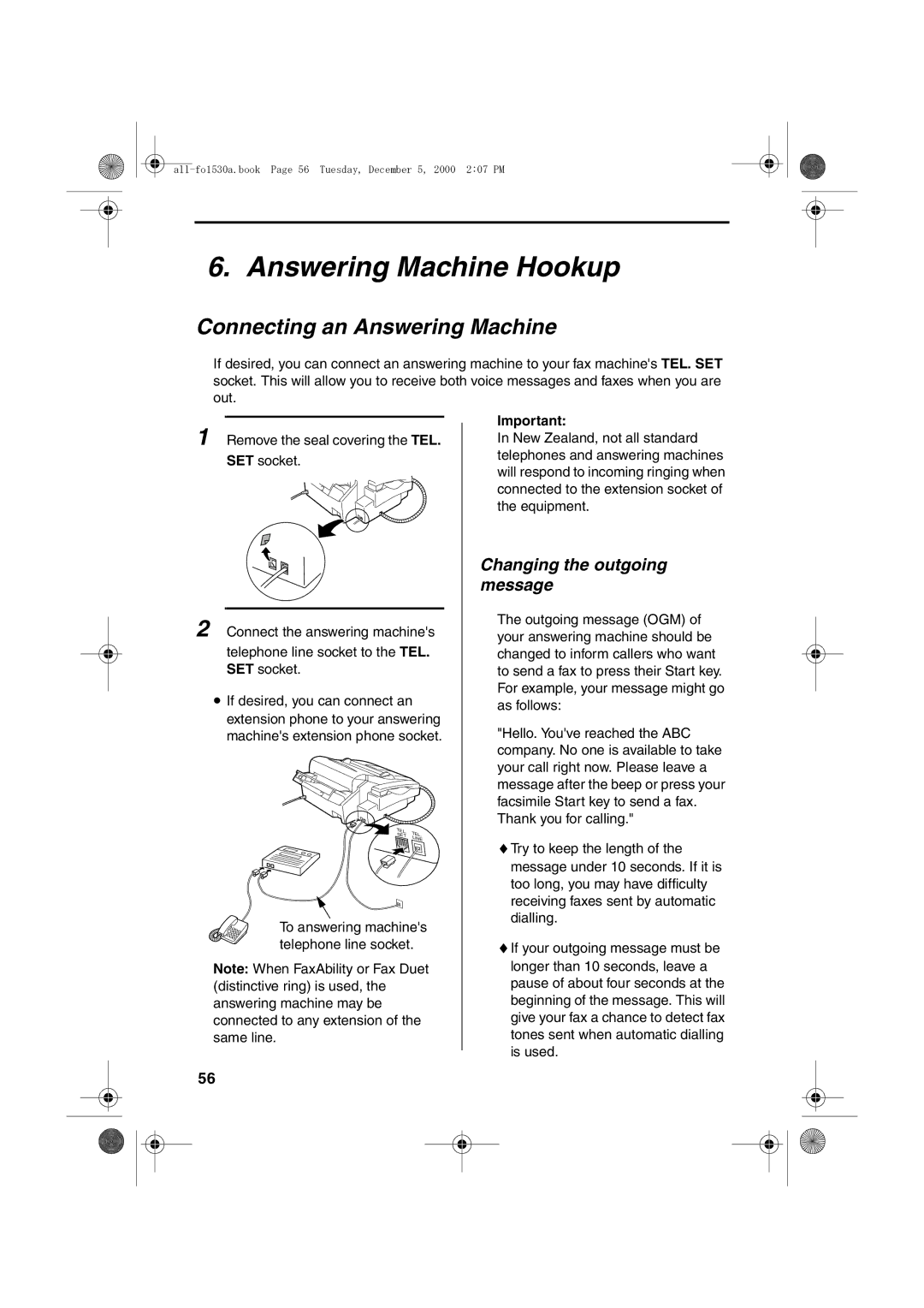 Sharp FO-1530 operation manual Answering Machine Hookup, Connecting an Answering Machine, Changing the outgoing message 