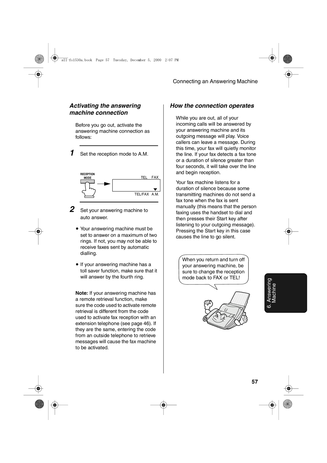 Sharp FO-1530 operation manual Activating the answering machine connection, How the connection operates 