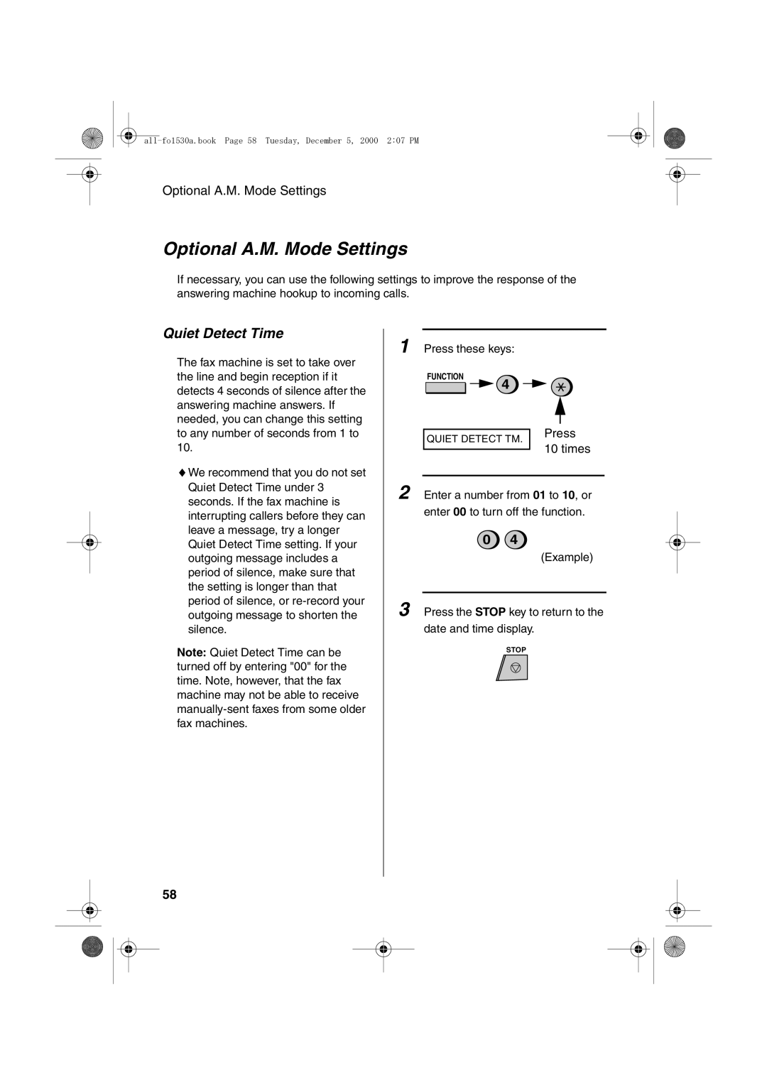 Sharp FO-1530 operation manual Optional A.M. Mode Settings, Quiet Detect Time 