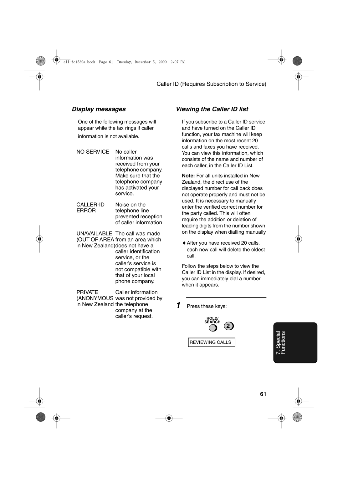 Sharp FO-1530 operation manual Display messages, Viewing the Caller ID list 