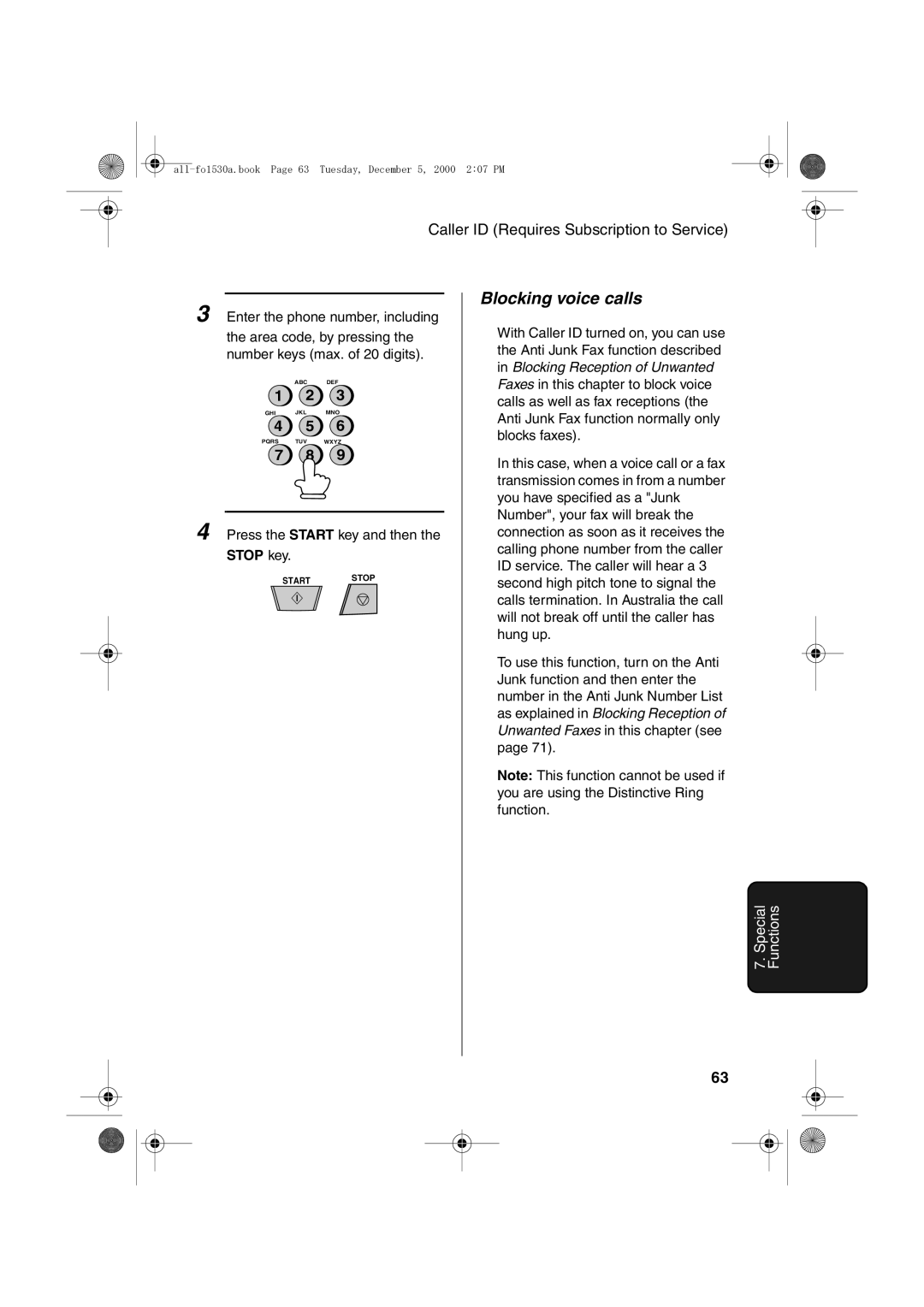 Sharp FO-1530 operation manual Blocking voice calls, Stop key 