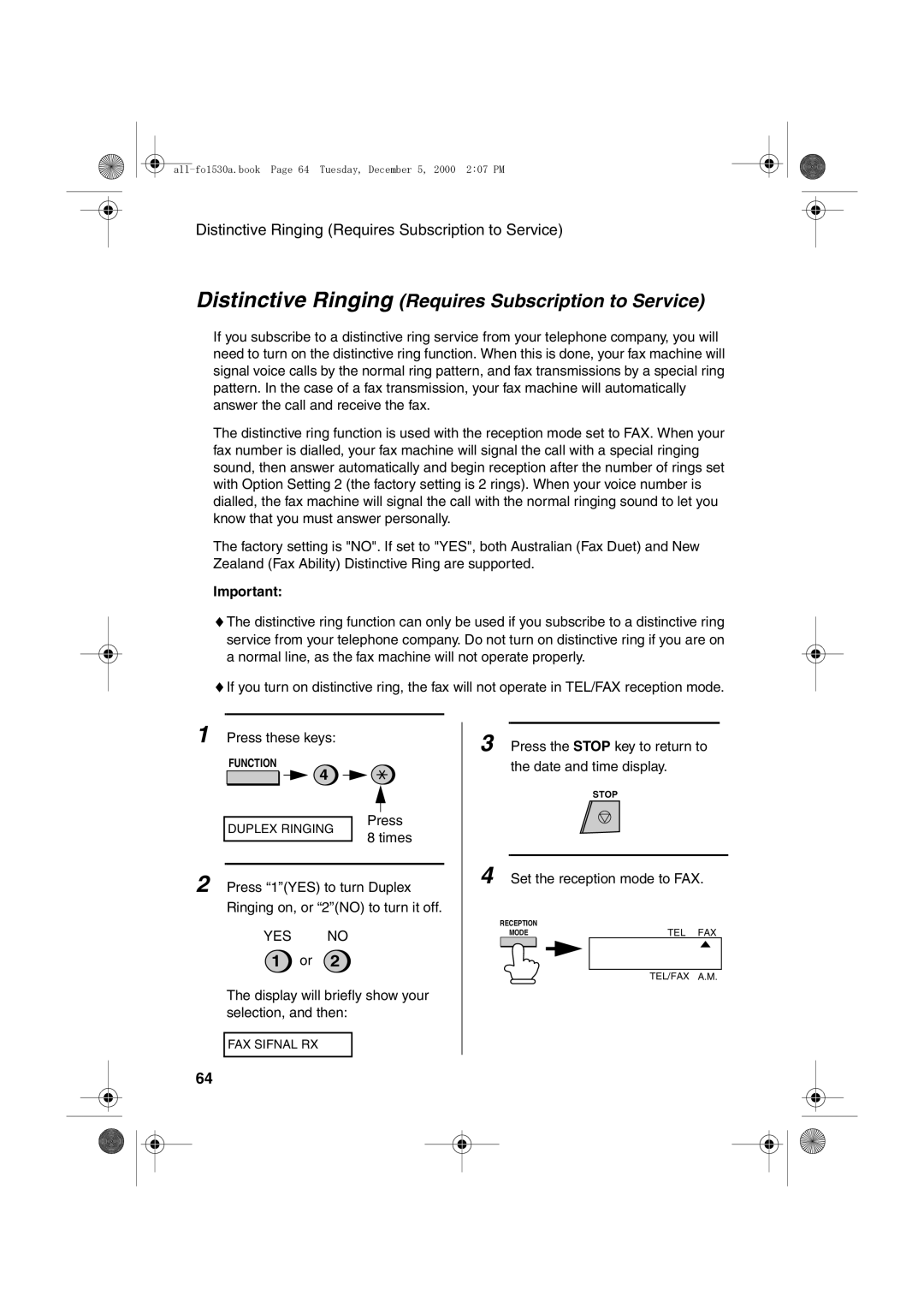 Sharp FO-1530 operation manual Distinctive Ringing Requires Subscription to Service 