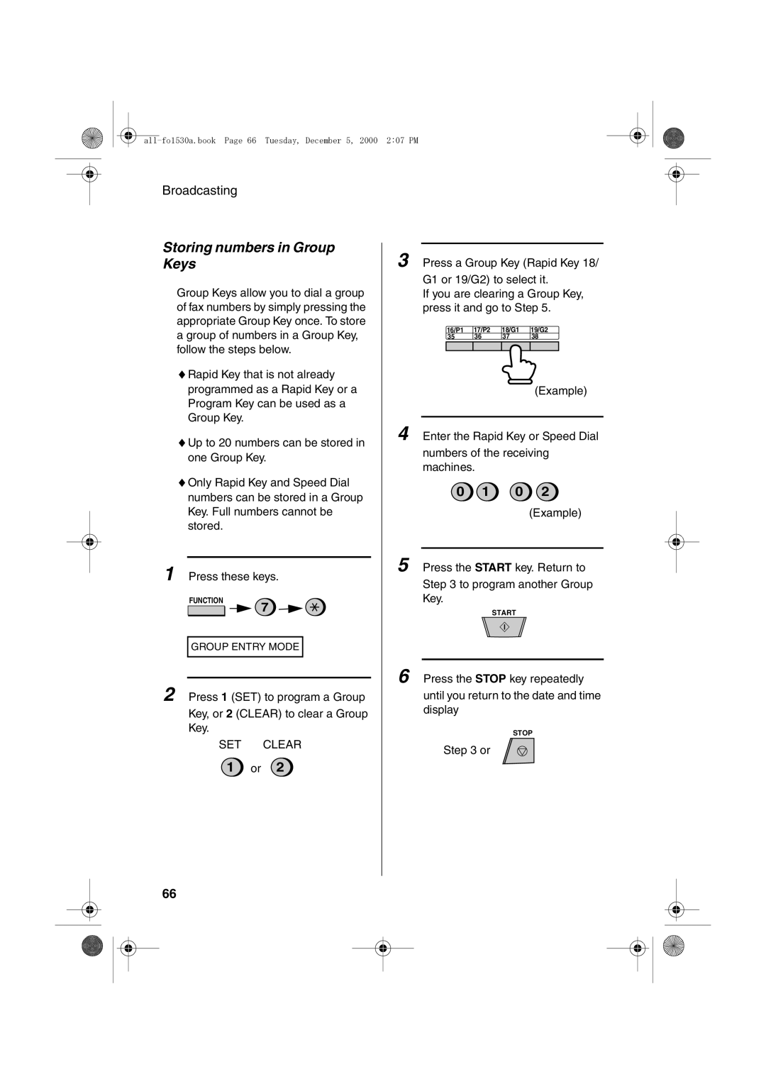 Sharp FO-1530 operation manual Storing numbers in Group Keys 