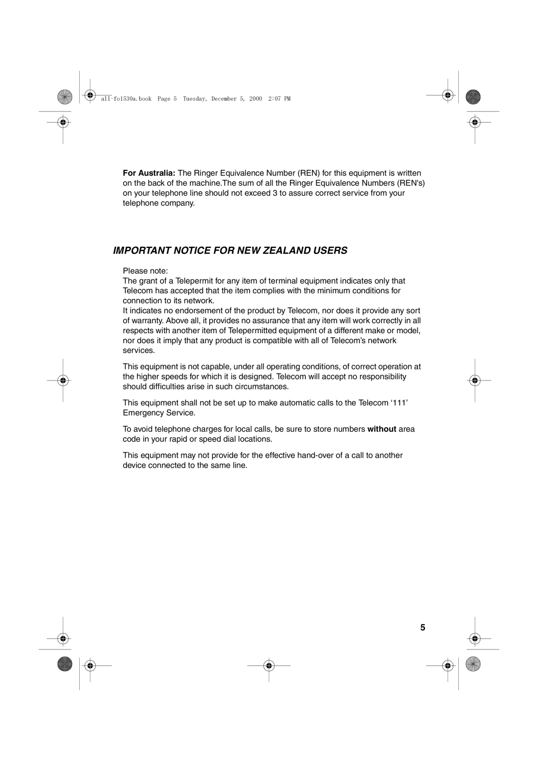 Sharp FO-1530 operation manual Important Notice for NEW Zealand Users 