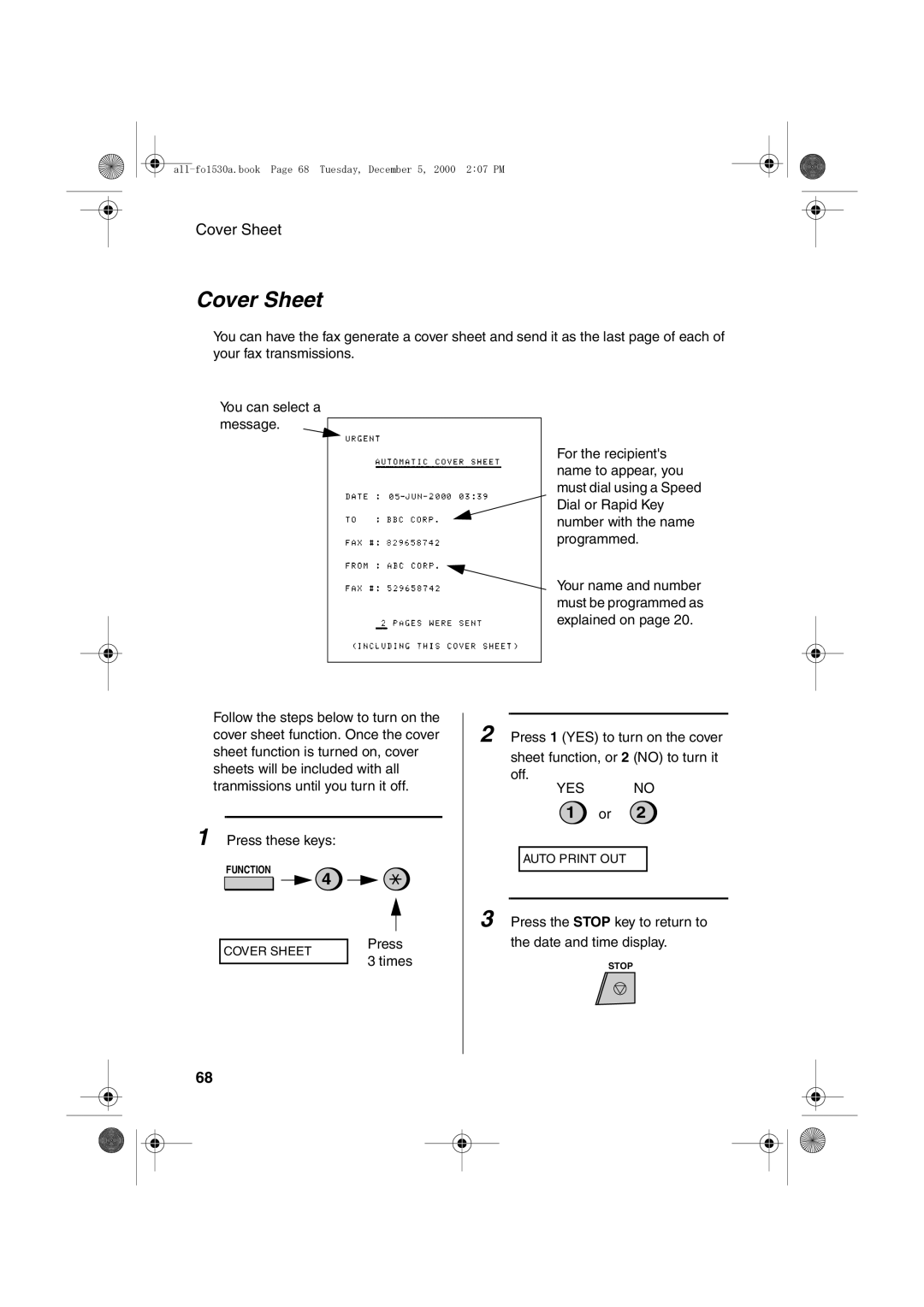 Sharp FO-1530 operation manual Cover Sheet 