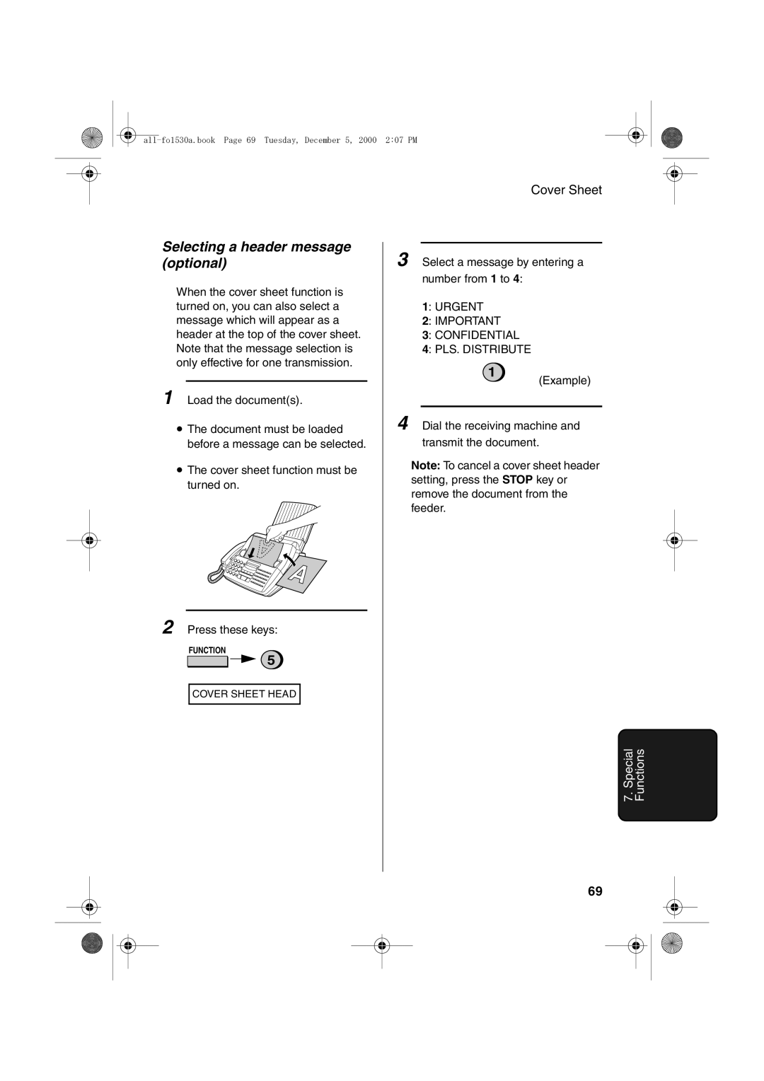 Sharp FO-1530 operation manual Selecting a header message optional 