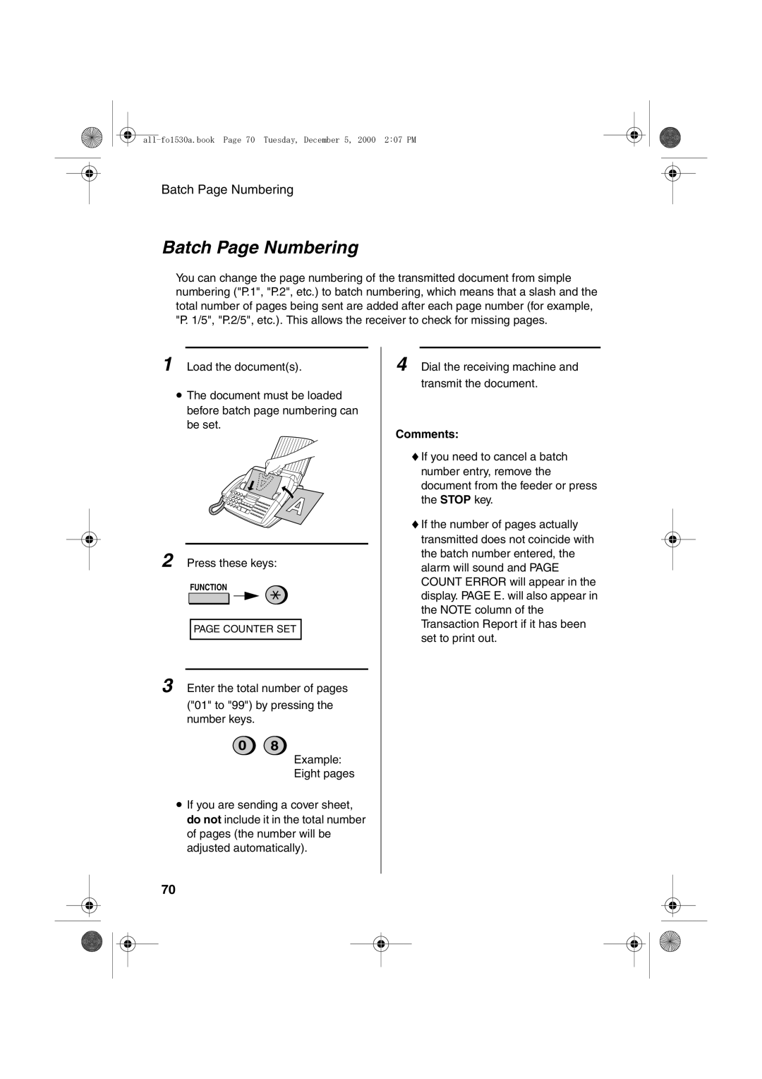 Sharp FO-1530 operation manual Batch Page Numbering, Comments 