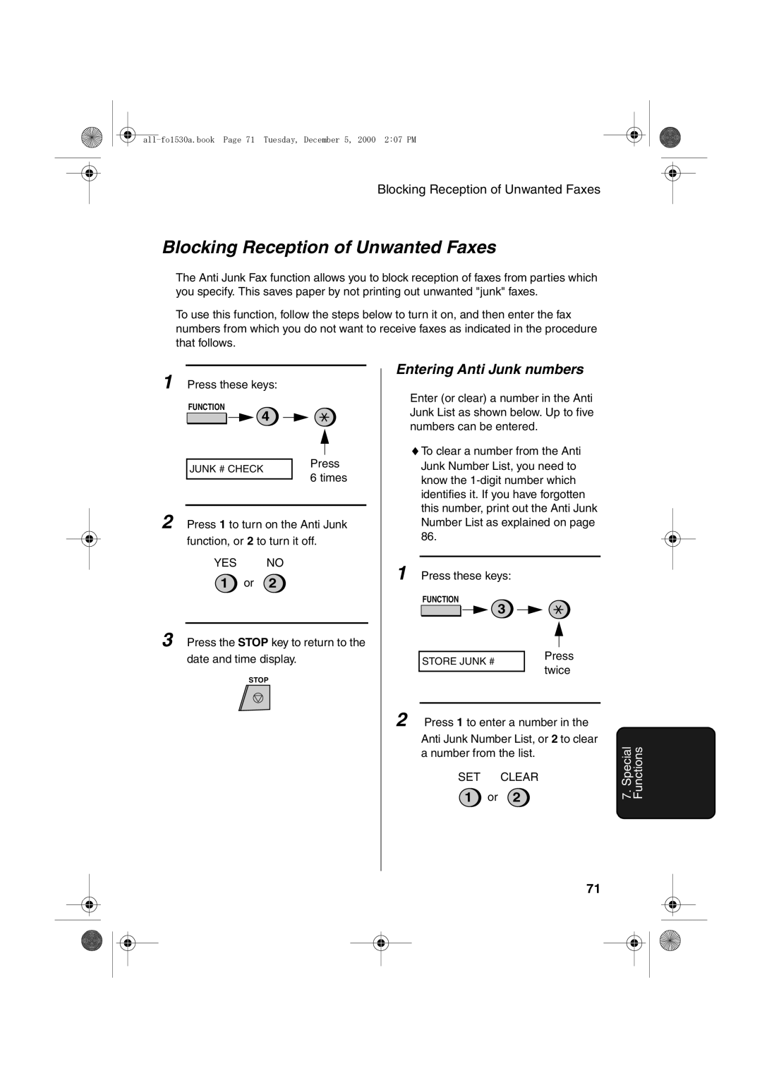 Sharp FO-1530 operation manual Blocking Reception of Unwanted Faxes, Entering Anti Junk numbers 