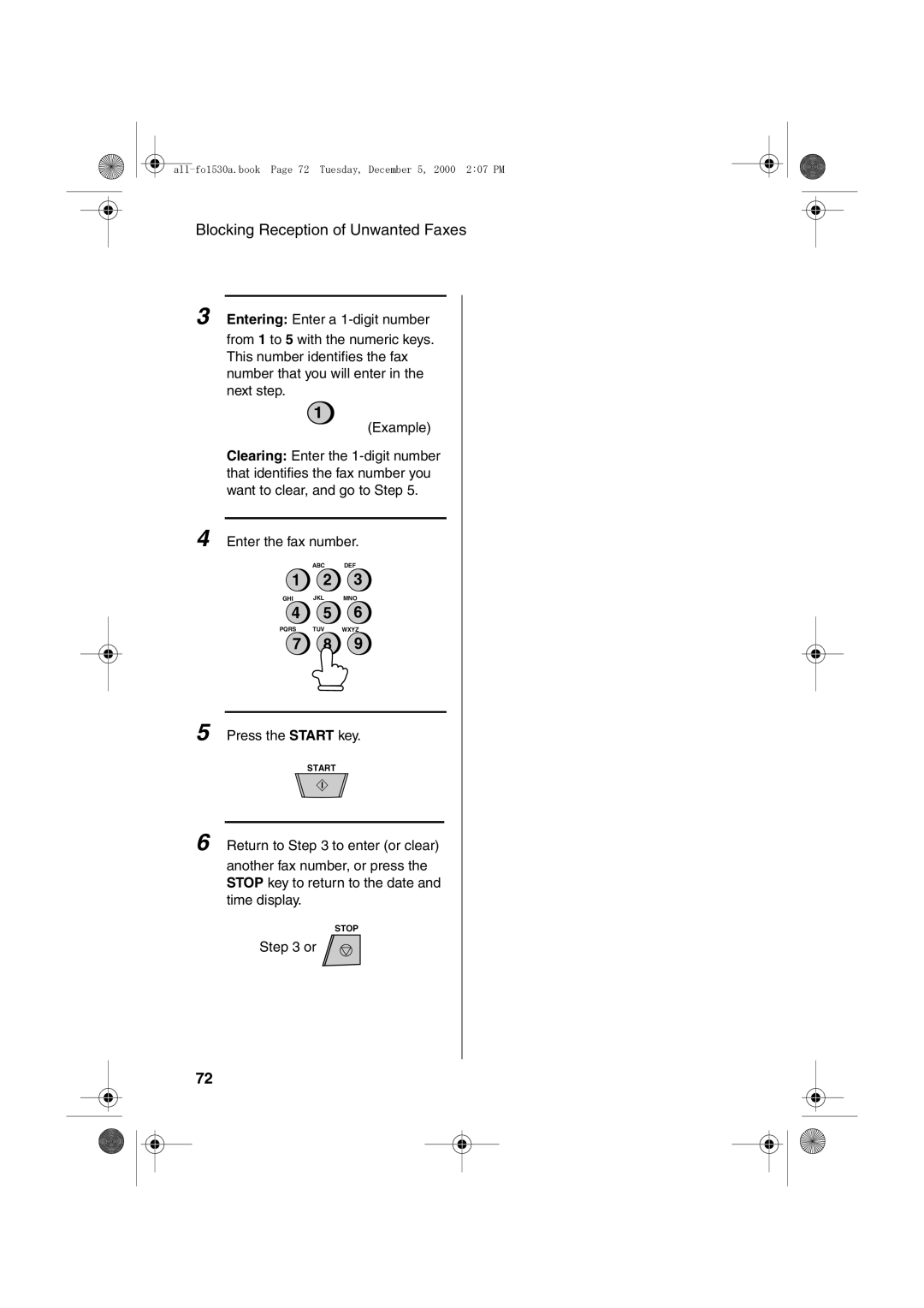 Sharp FO-1530 operation manual All-fo1530a.book Page 72 Tuesday, December 5, 2000 207 PM 