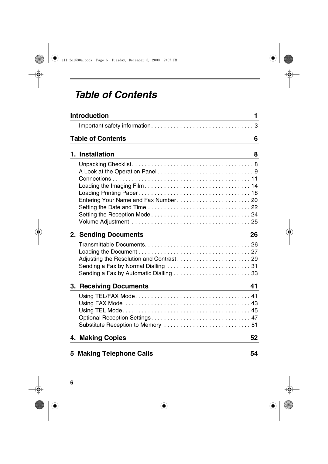 Sharp FO-1530 operation manual Table of Contents 