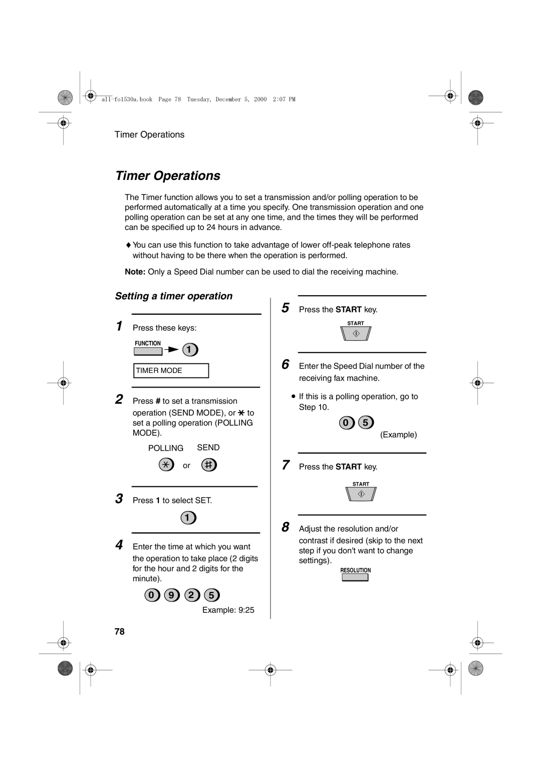 Sharp FO-1530 operation manual Timer Operations, Setting a timer operation 