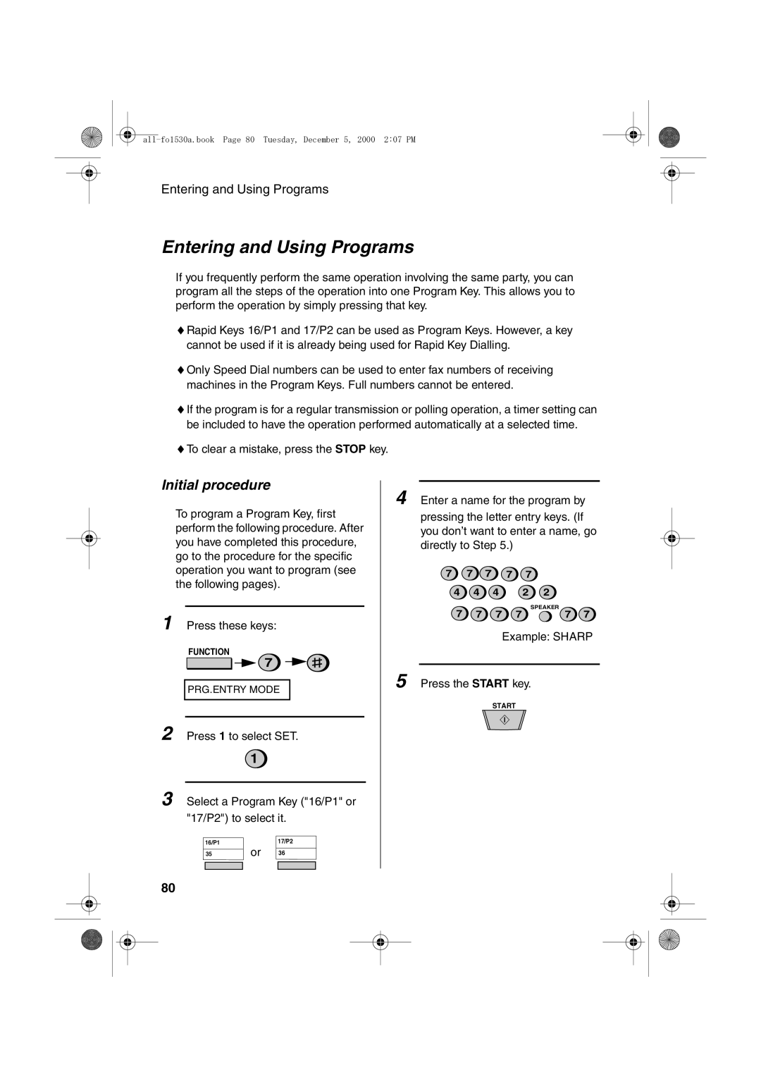 Sharp FO-1530 operation manual Entering and Using Programs, Initial procedure 