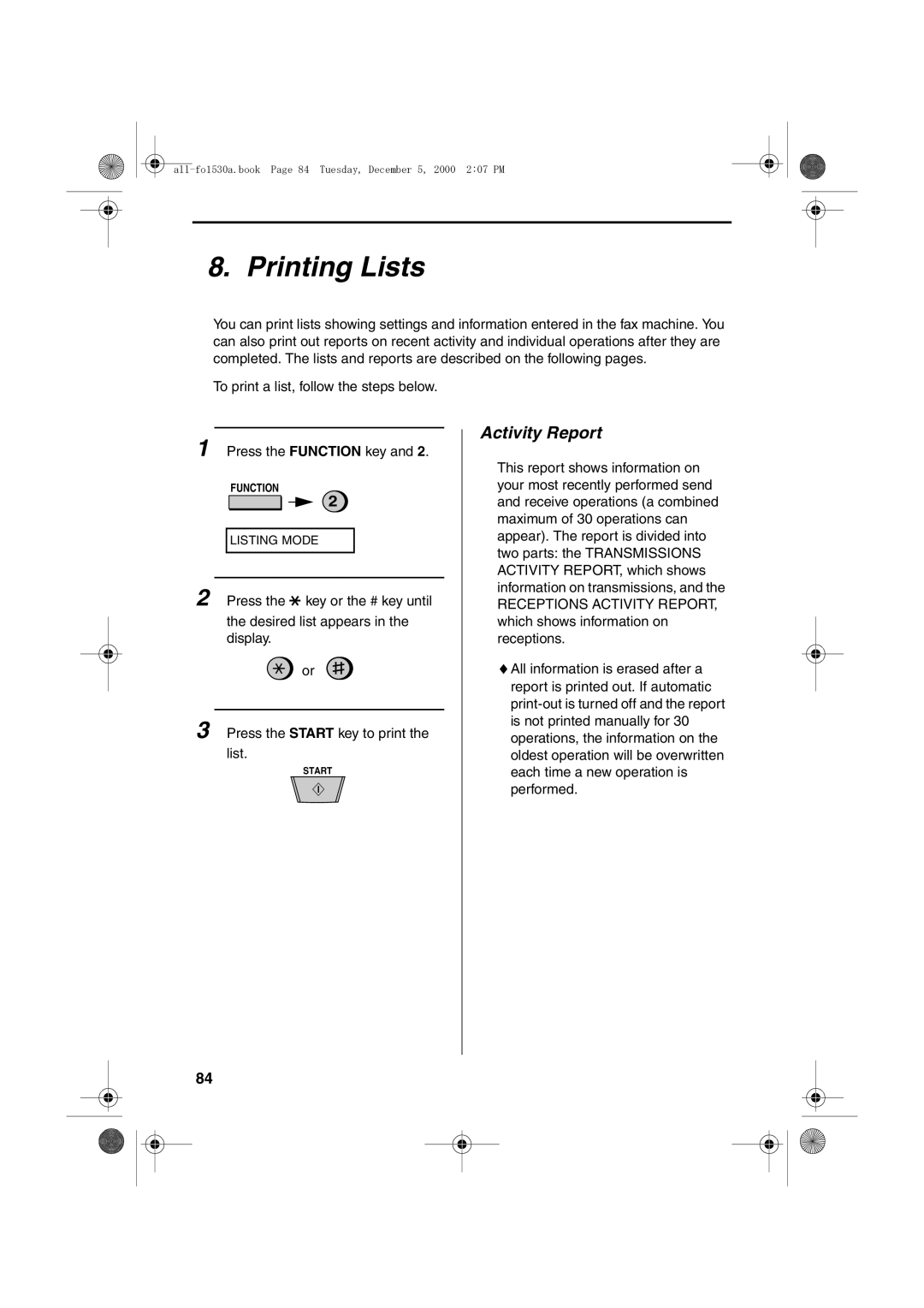 Sharp FO-1530 operation manual Printing Lists, Activity Report 