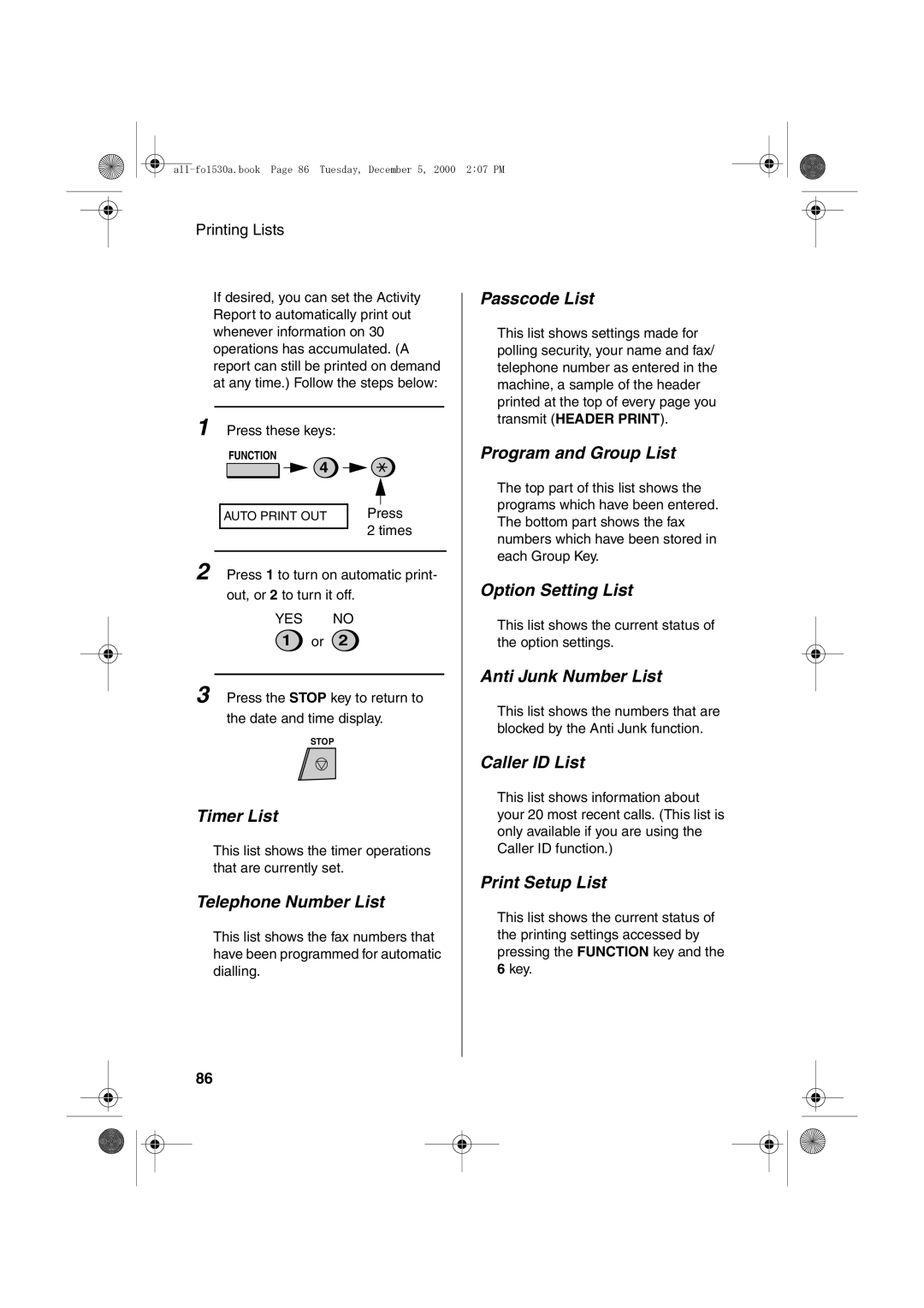 Sharp FO-1530 Timer List, Telephone Number List, Passcode List, Program and Group List, Option Setting List 