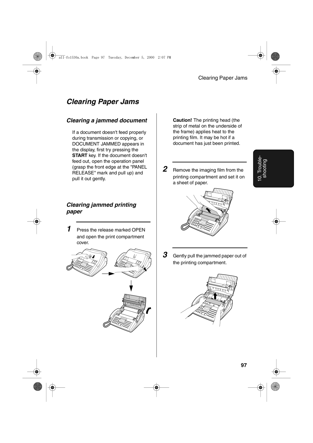 Sharp FO-1530 operation manual Clearing Paper Jams, Clearing a jammed document, Clearing jammed printing paper 