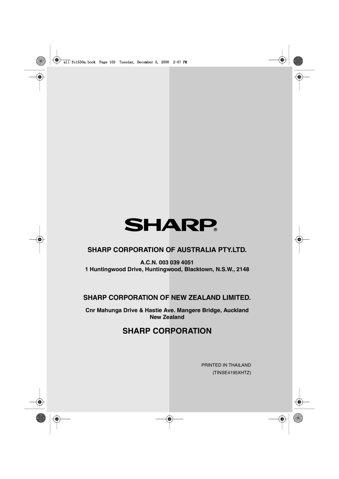 Sharp FO-1530 operation manual Sharp Corporation Of New Zealand Limited, PRINTED IN THAILAND TINSE4195XHTZ 