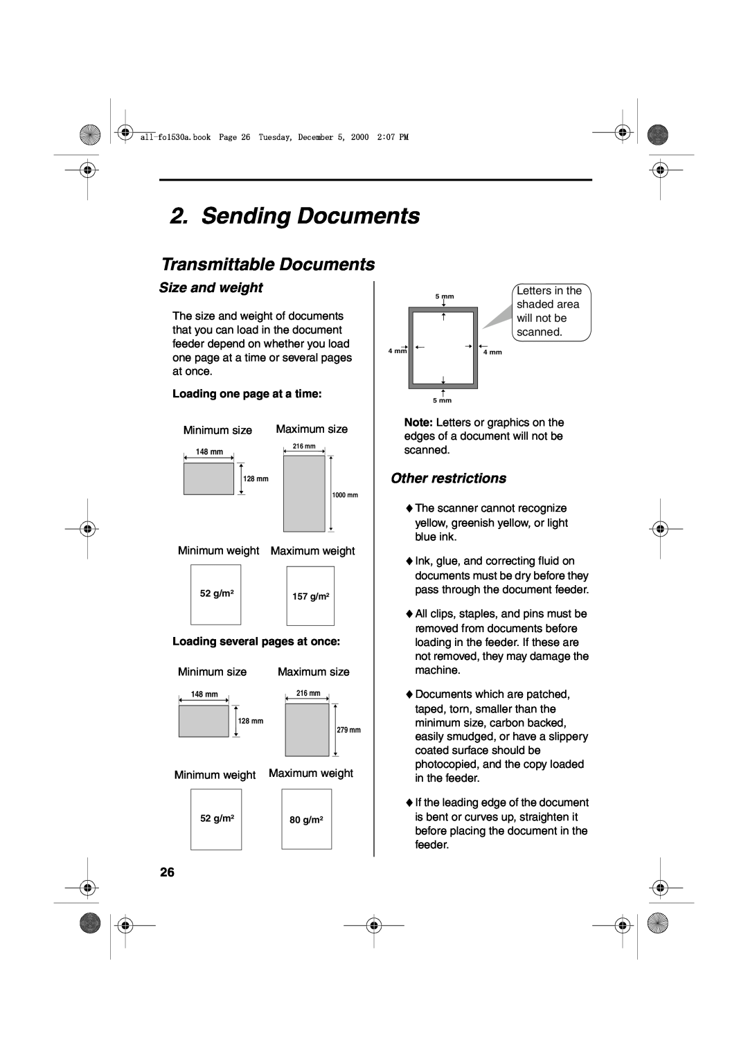 Sharp FO-1530 Sending Documents, Transmittable Documents, Size and weight, Other restrictions, Loading one page at a time 