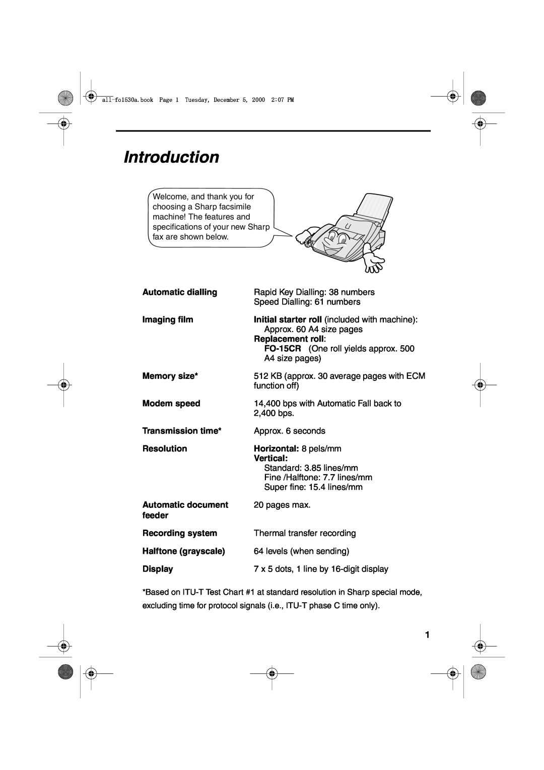 Sharp FO-1530 operation manual Introduction 