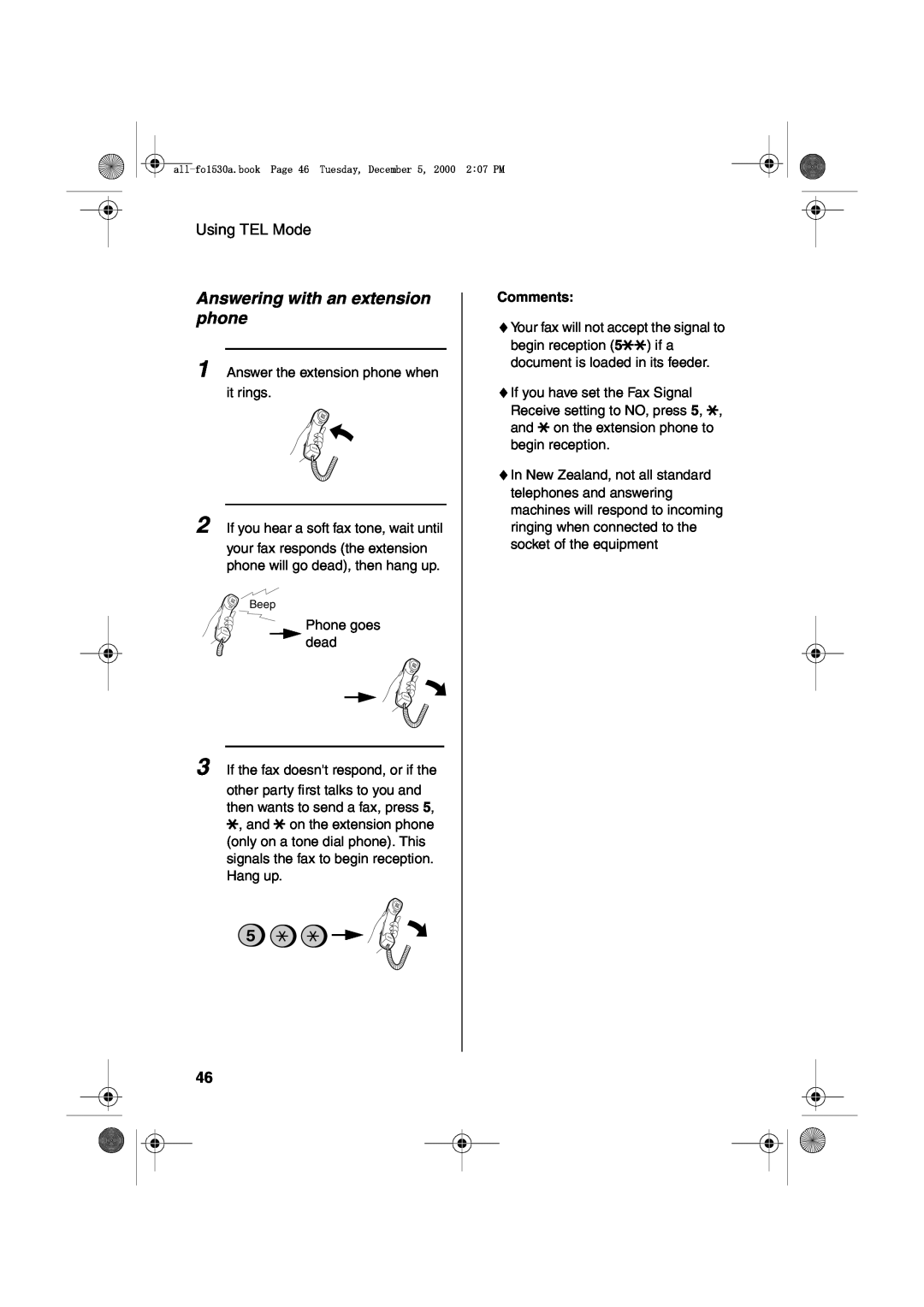 Sharp FO-1530 operation manual Answering with an extension phone, Comments 