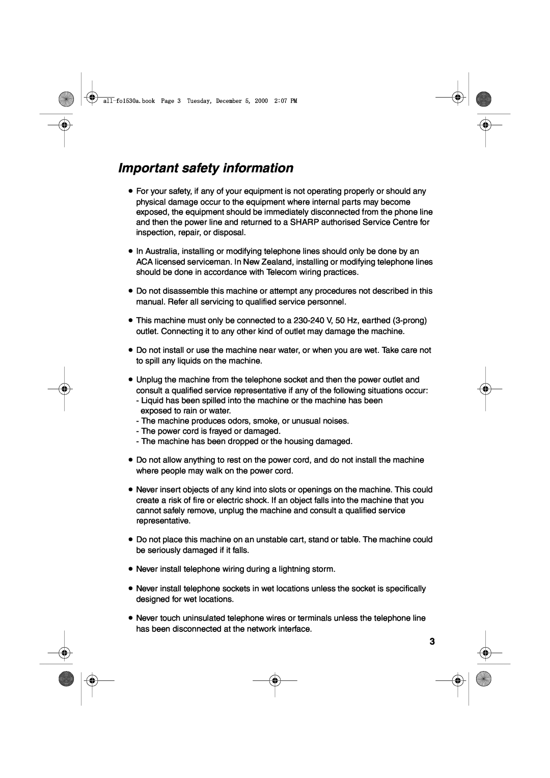 Sharp FO-1530 operation manual Important safety information 