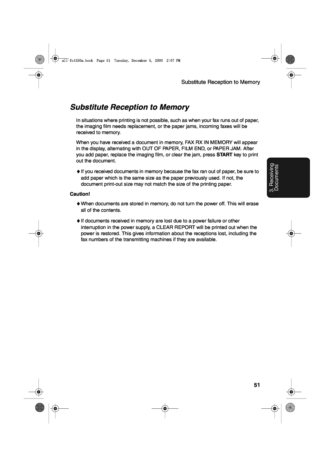 Sharp FO-1530 operation manual Substitute Reception to Memory, Receiving Documents 