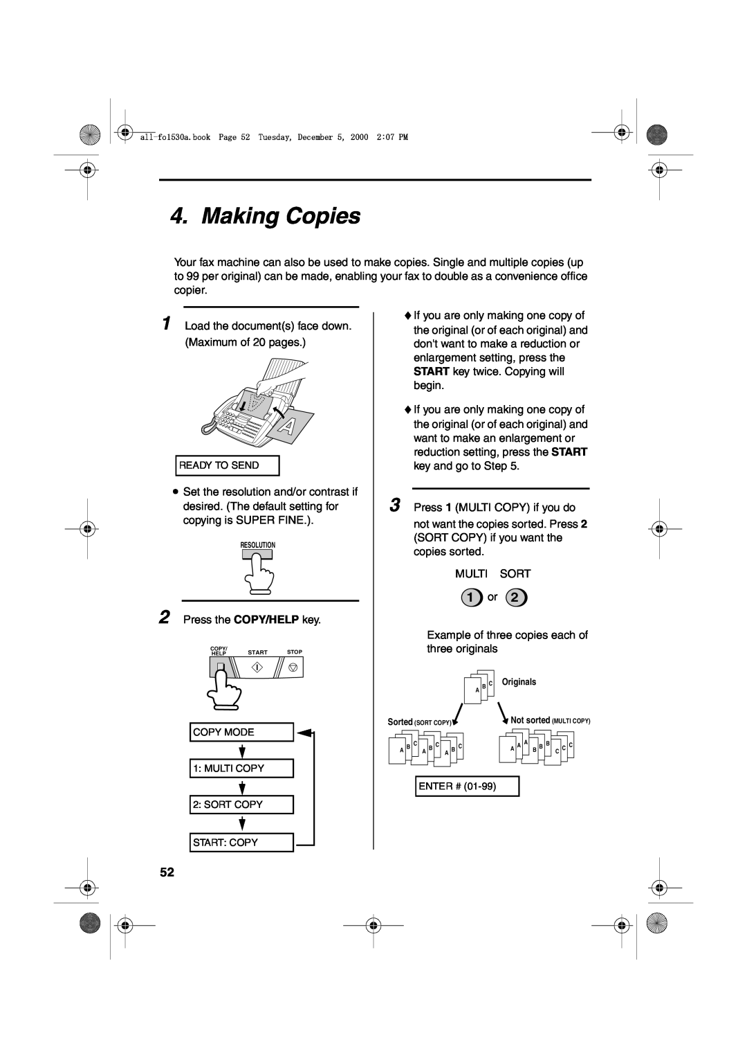 Sharp FO-1530 operation manual Making Copies, 1 or 
