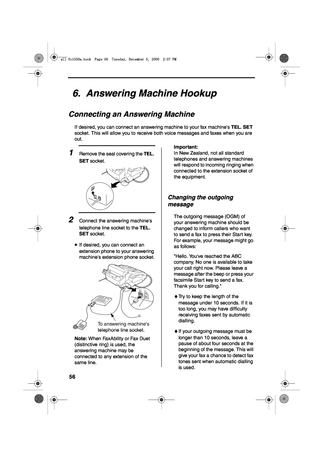 Sharp FO-1530 operation manual Answering Machine Hookup, Connecting an Answering Machine, Changing the outgoing message 