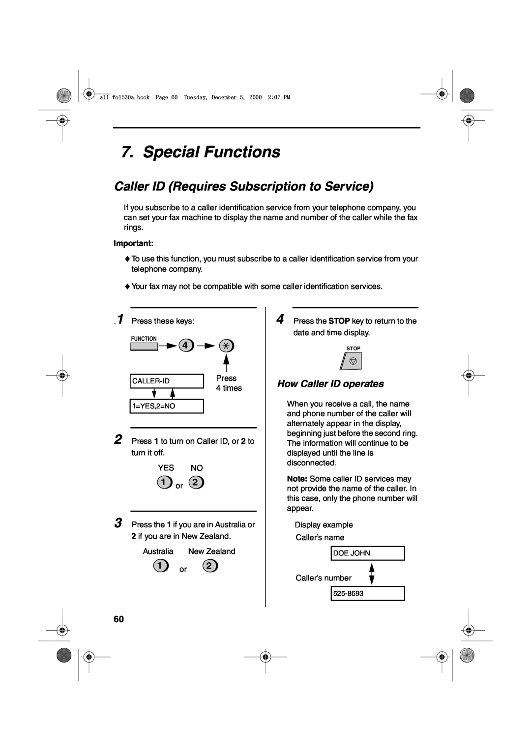 Sharp FO-1530 operation manual Special Functions, Caller ID Requires Subscription to Service, How Caller ID operates, 1 or 
