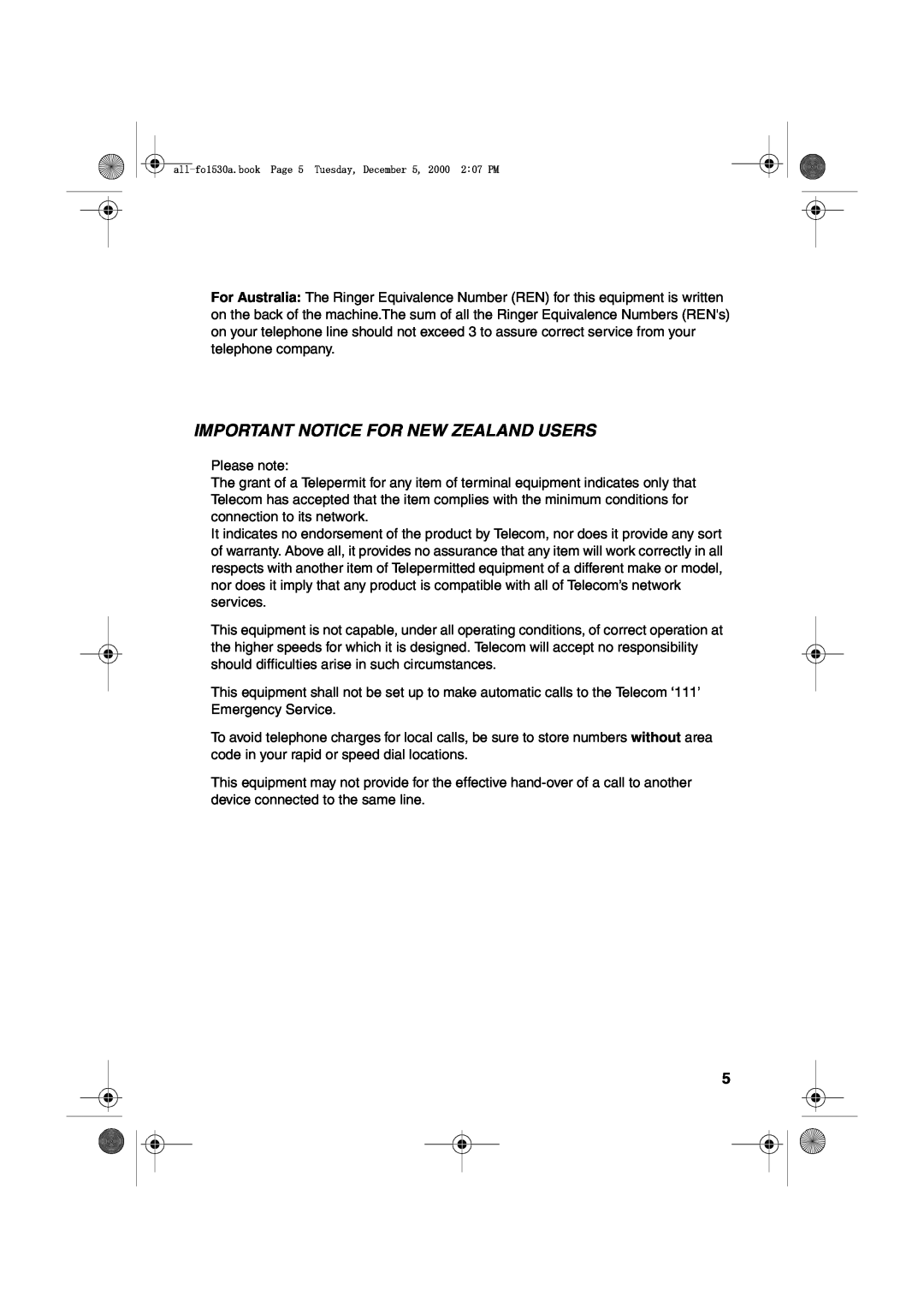 Sharp FO-1530 operation manual Important Notice For New Zealand Users 