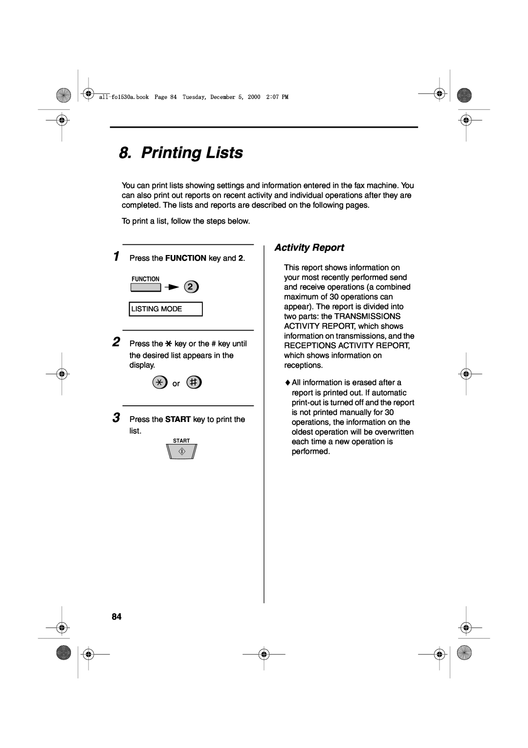 Sharp FO-1530 operation manual Printing Lists, Activity Report 