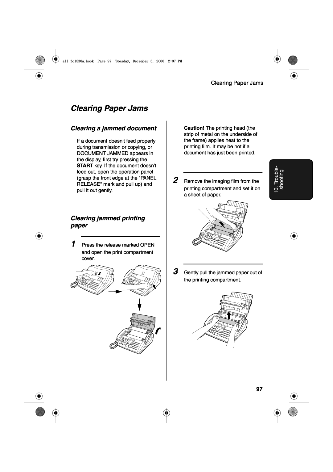 Sharp FO-1530 Clearing Paper Jams, Clearing a jammed document, Clearing jammed printing paper, Trouble- shooting 