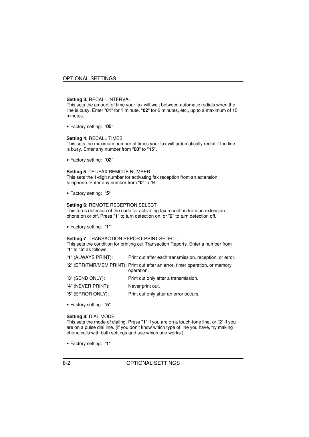 Sharp FO-1850, FO-1650 operation manual Setting 8 Dial Mode 