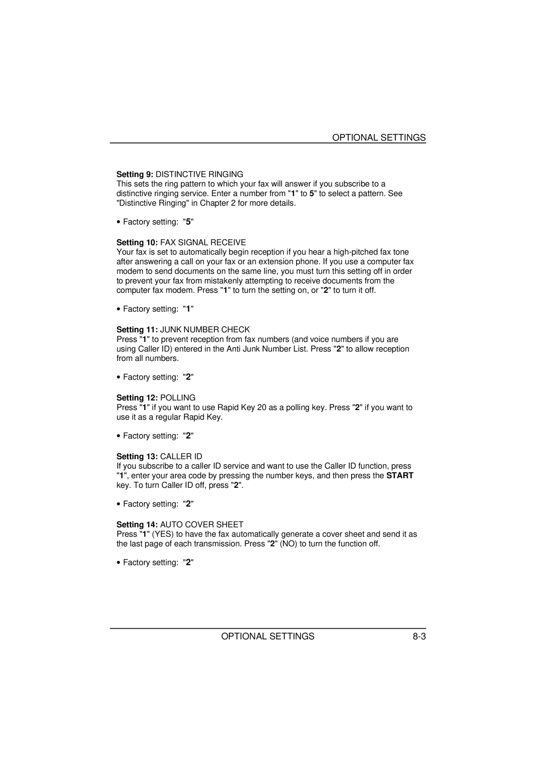 Sharp FO-1650, FO-1850 operation manual Setting 12 Polling, Setting 13 Caller ID 