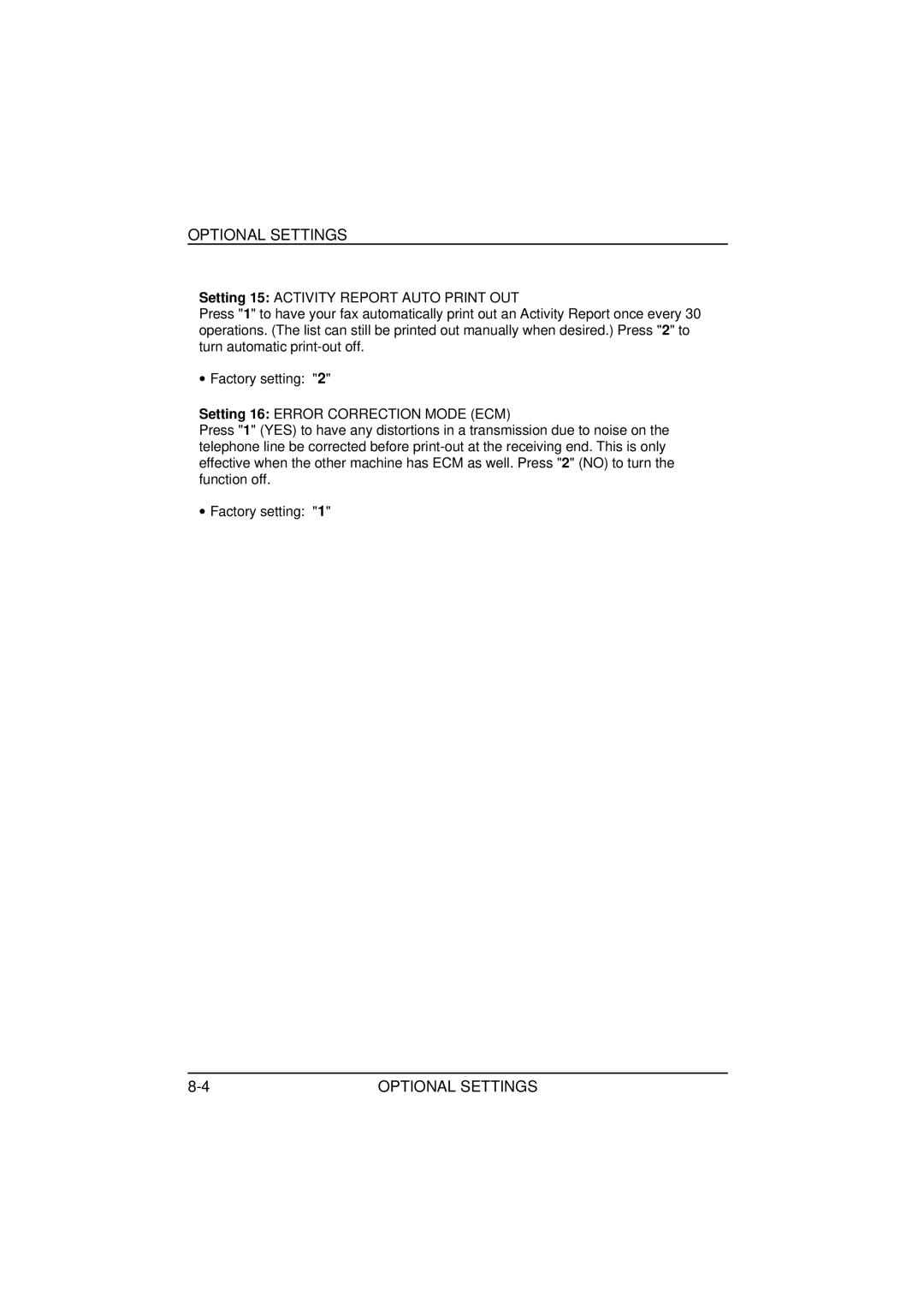 Sharp FO-1850, FO-1650 operation manual Optional Settings 