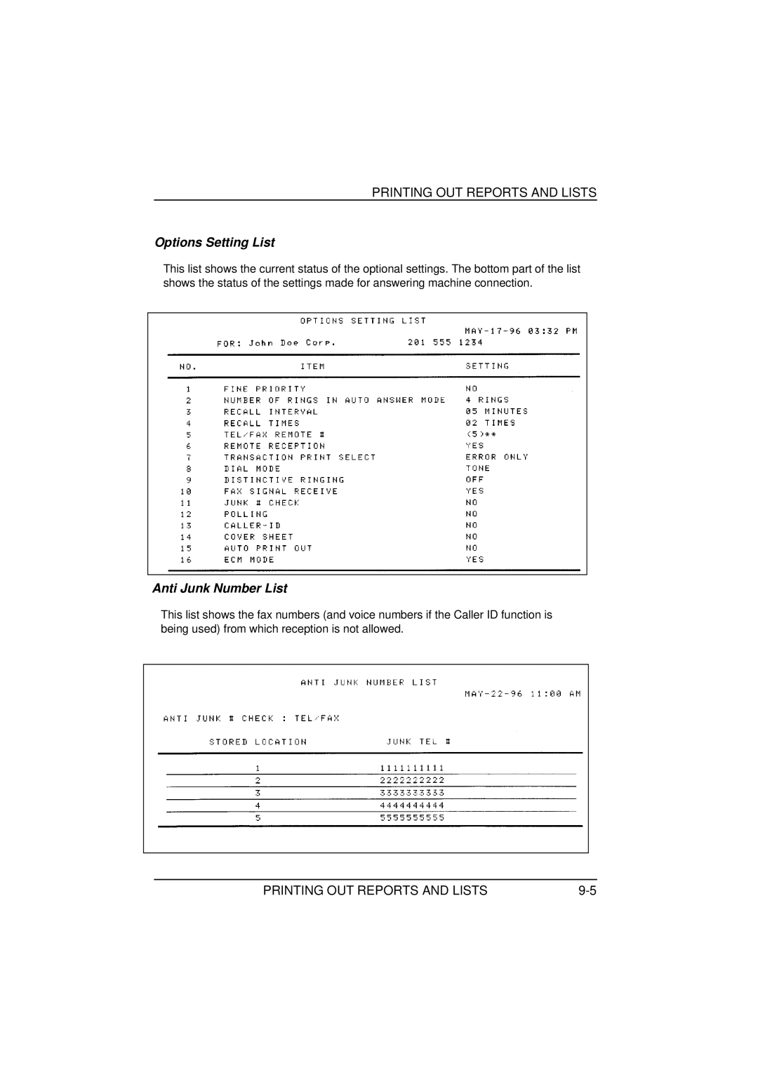 Sharp FO-1650, FO-1850 operation manual Options Setting List, Anti Junk Number List 