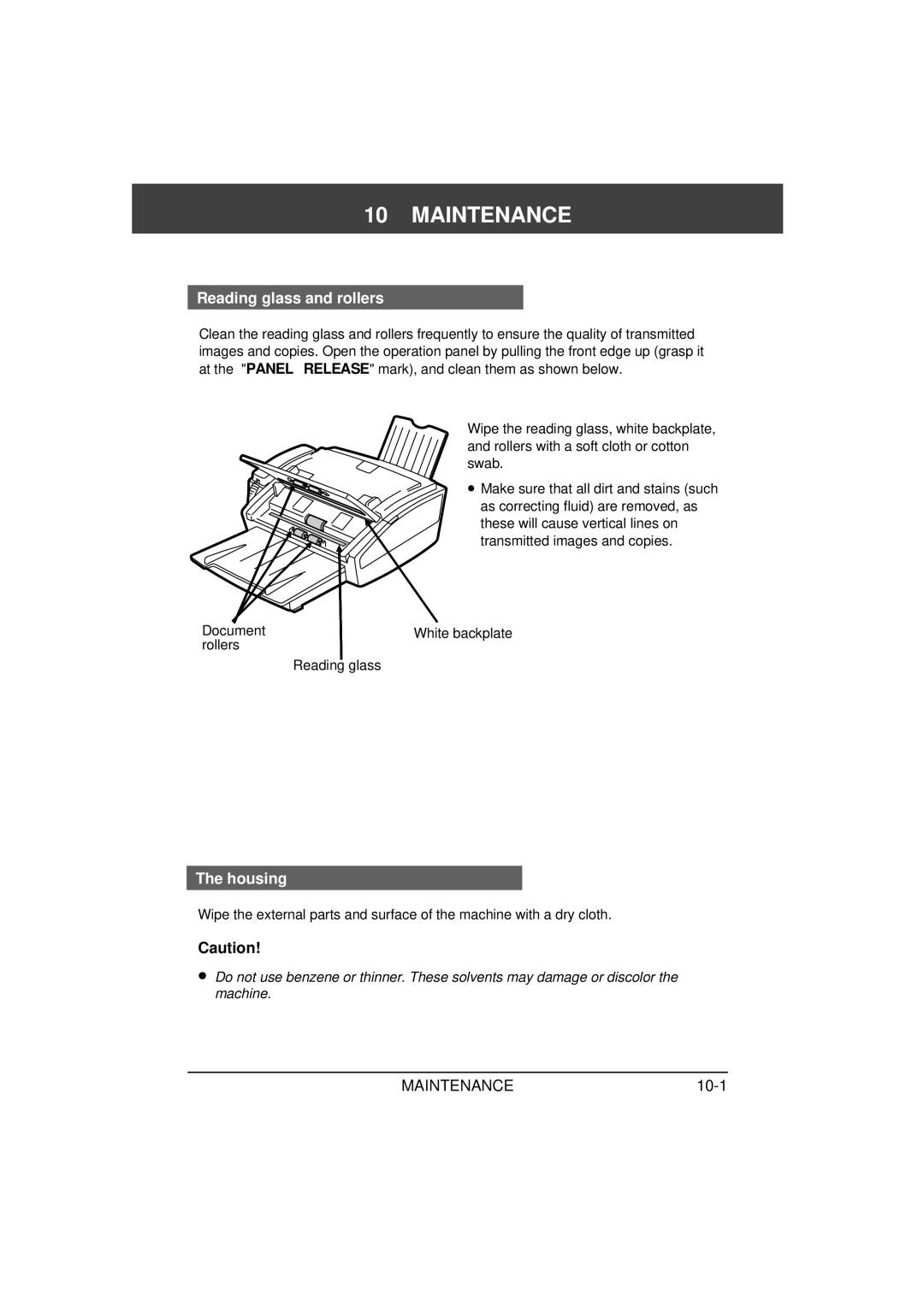 Sharp FO-1650, FO-1850 operation manual Maintenance, Reading glass and rollers, Housing 