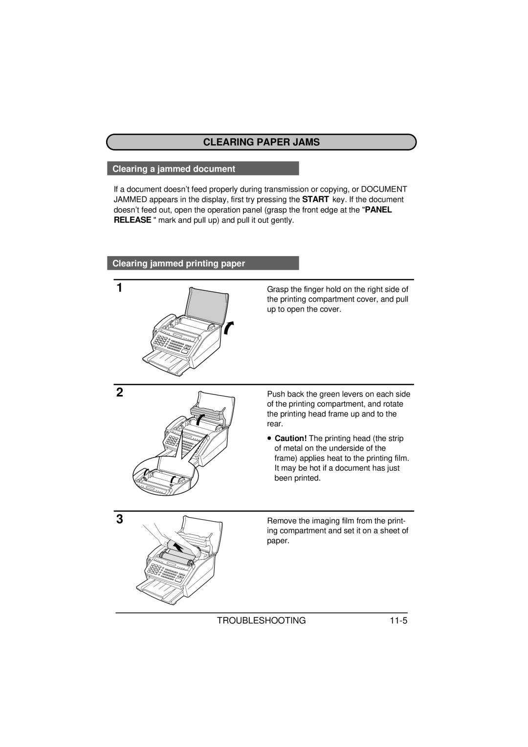 Sharp FO-1650 Clearing Paper Jams, Clearing a jammed document, Clearing jammed printing paper, TROUBLESHOOTING11-5 