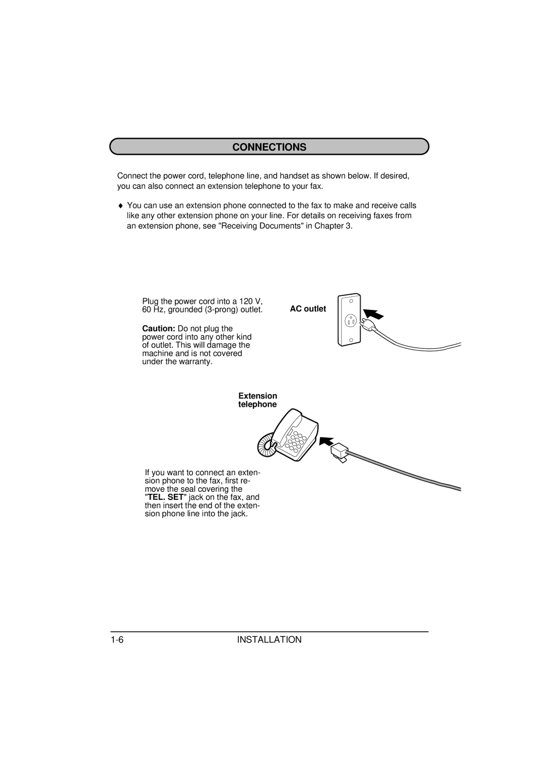 Sharp FO-1850, FO-1650 operation manual Connections, AC outlet, Extension Telephone 