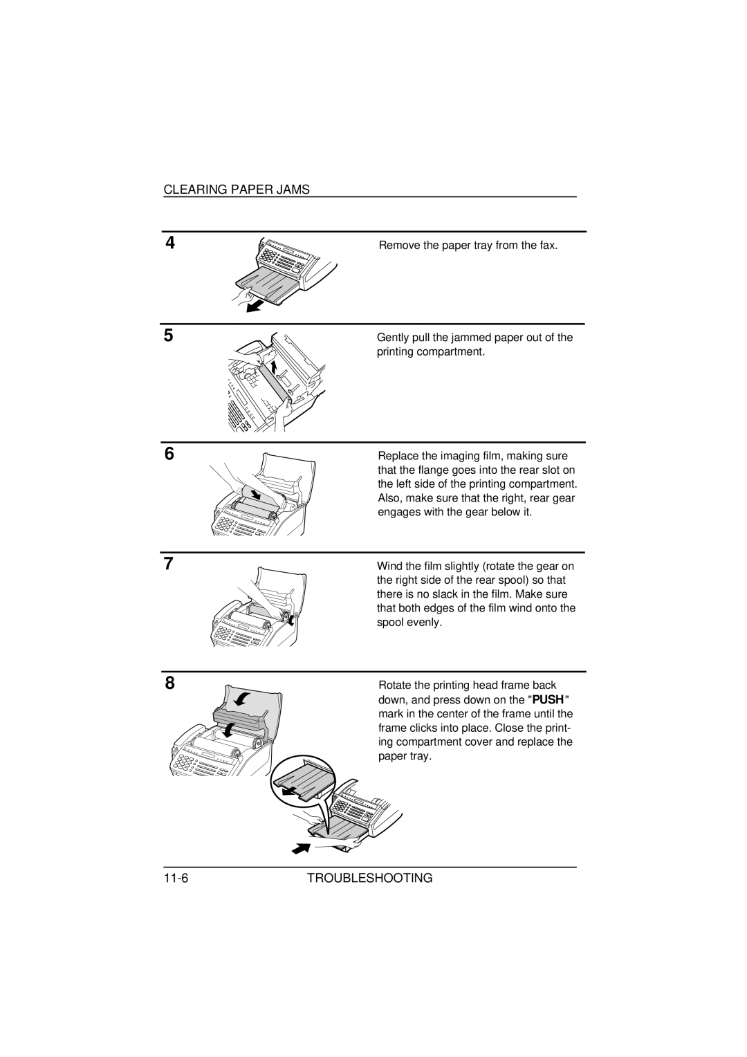 Sharp FO-1850, FO-1650 operation manual Clearing Paper Jams, 11-6TROUBLESHOOTING 