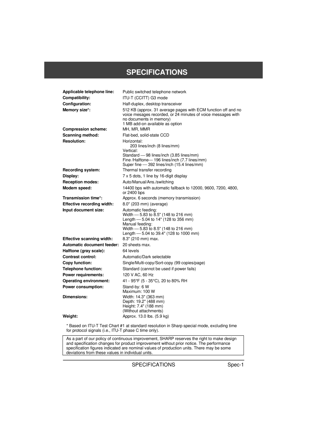 Sharp FO-1650, FO-1850 operation manual Specifications, Memory size 