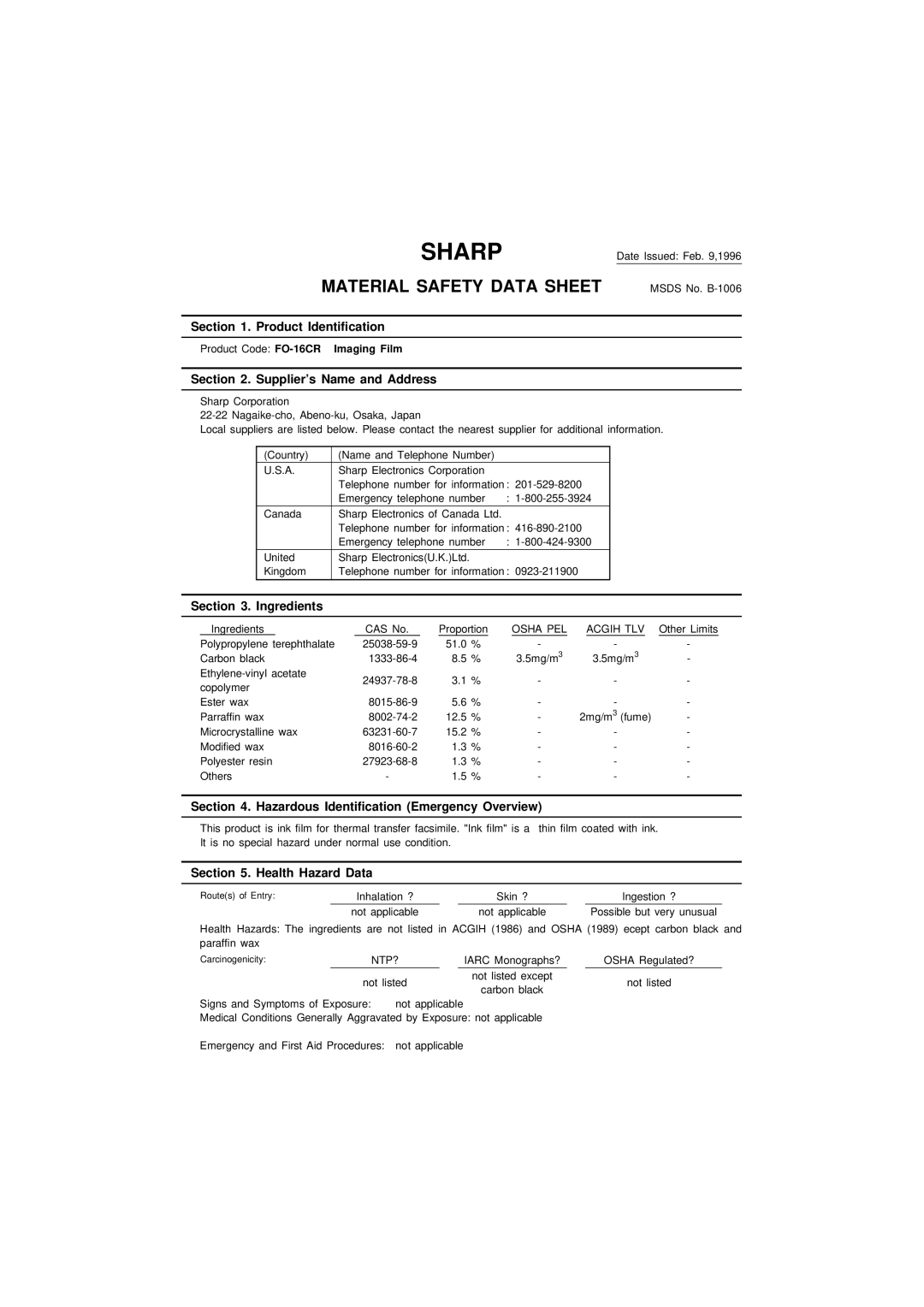 Sharp FO-1850, FO-1650 operation manual Sharp, Material Safety Data Sheet 