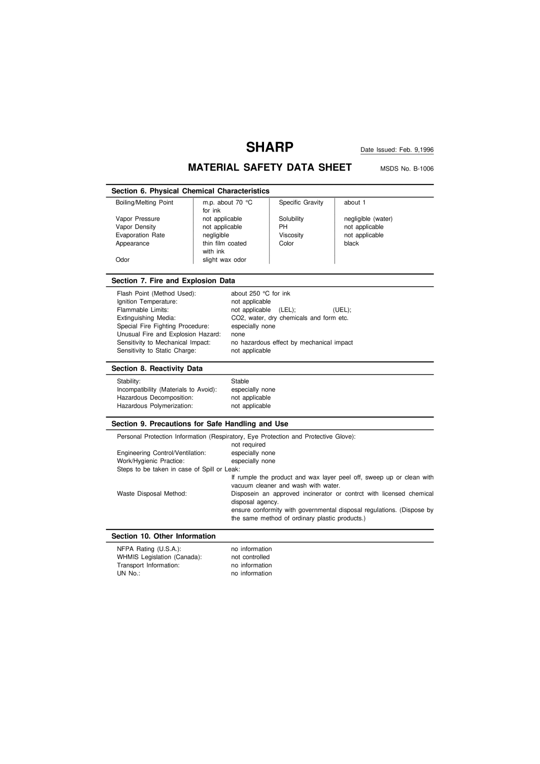 Sharp FO-1650, FO-1850 operation manual Physical Chemical Characteristics 