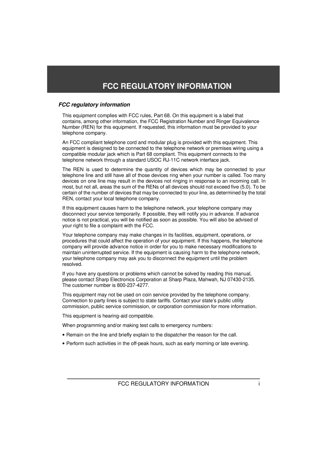 Sharp FO-1850, FO-1650 operation manual FCC Regulatory Information, FCC regulatory information 